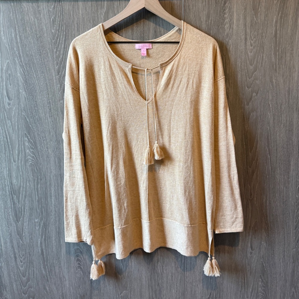 Lilly Pulitzer Tassel Tie V-Neck Sweater Women Large Tan Beige Boho Coastal Soft